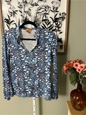 Tory Burch Blue White Floral 100% Silk Long Sleeve Blouse Size XS